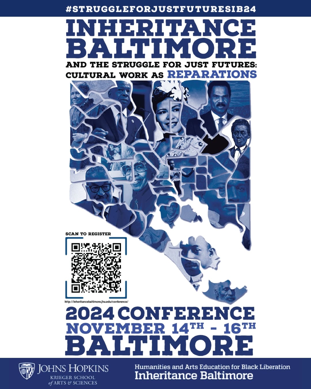 a blue map of Baltimore city with pictures of famous Black Baltimoreans superimposed over the neighborhoods